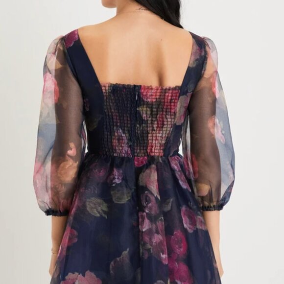 NWT LULUS Lovely Idea Navy Blue Floral 3-Quarter Sleeve Skater Dress | Size L - Picture 3 of 5